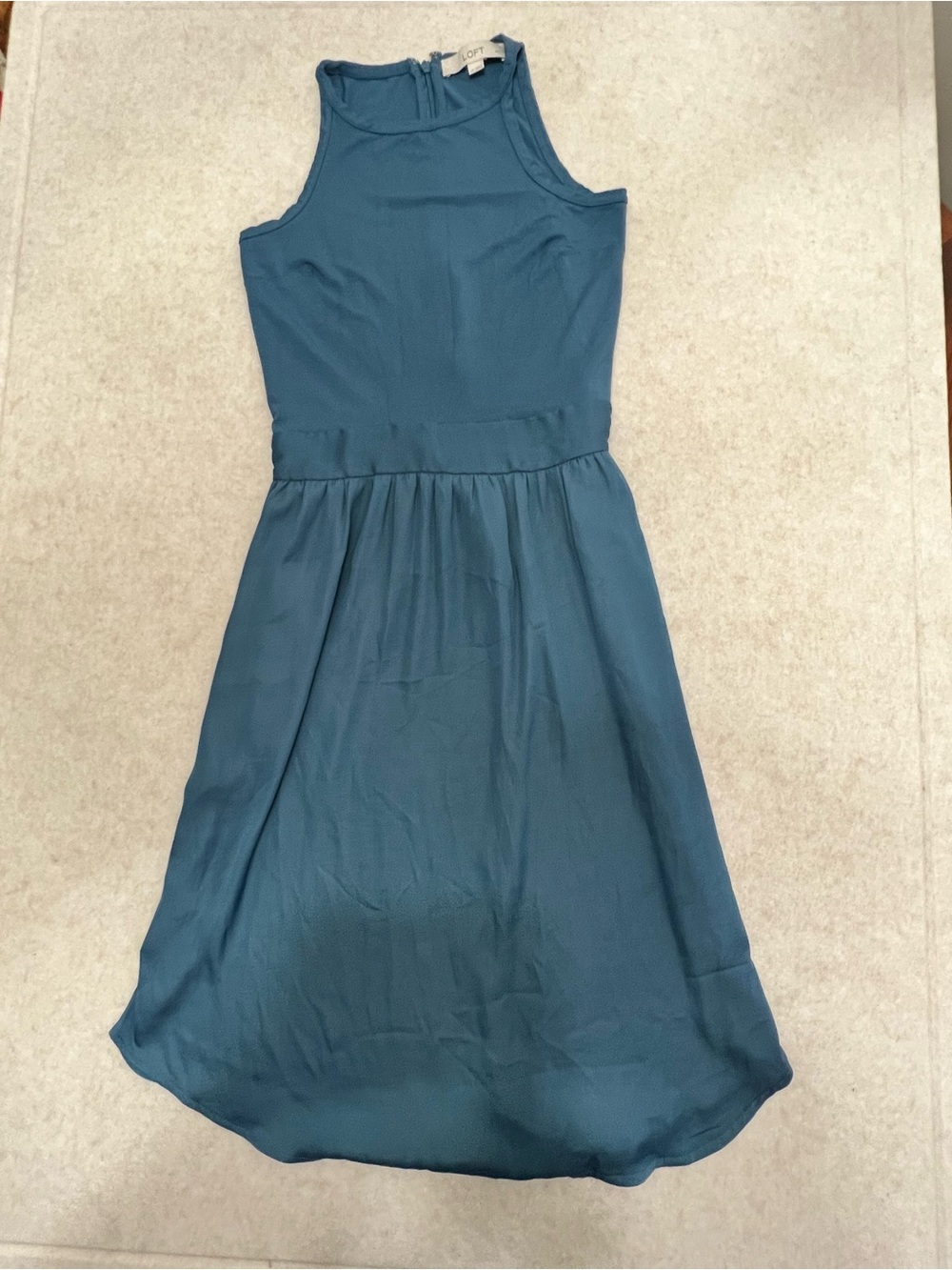 LOFT Mixed Media High-Neck Midi Dress Blue Tie Back Petite